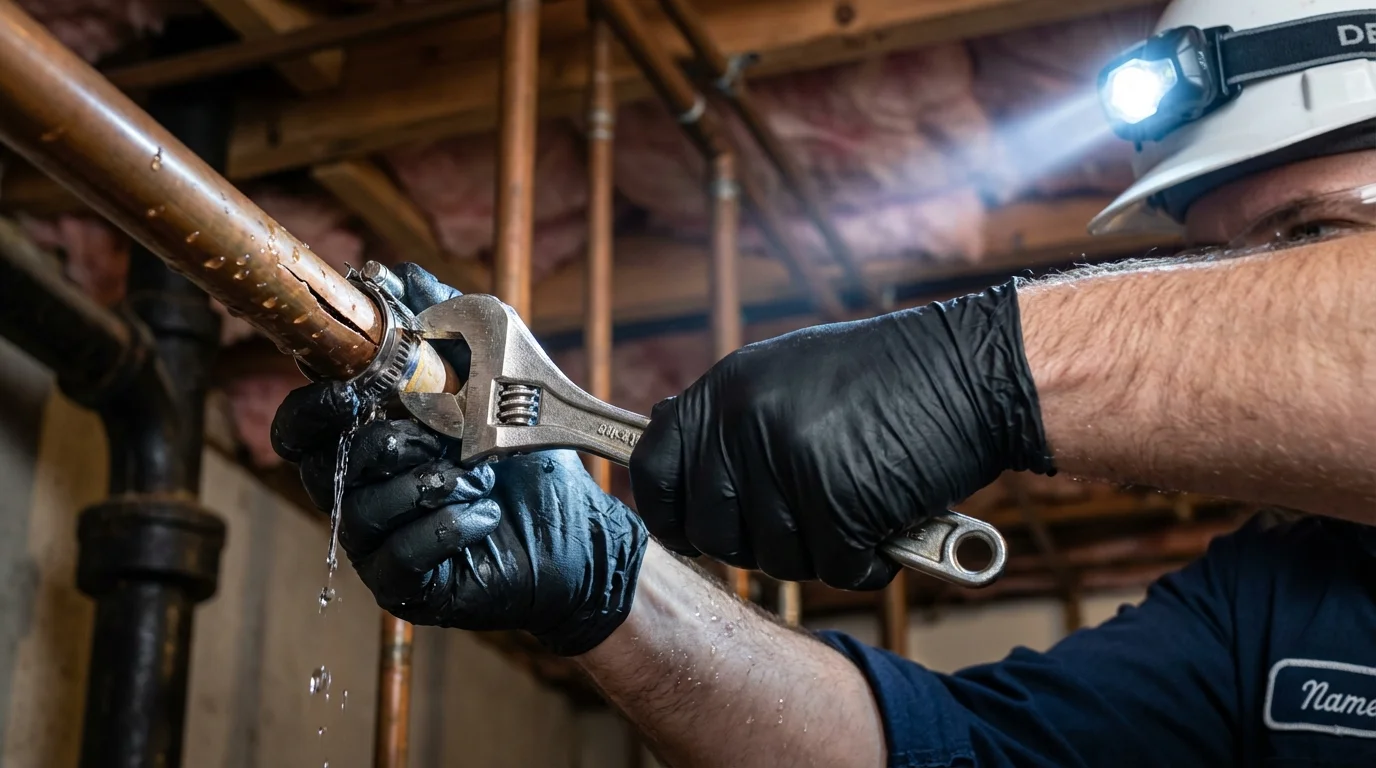 Emergency pipe clamp repair being performed by a Johns Plumbing LLC plumber in Morrisonville